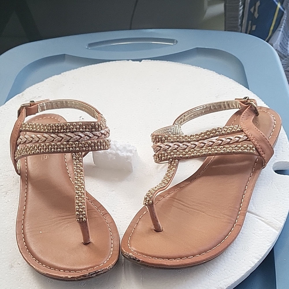 4 For $50.  Tan and Gold Braided Sandals with Adjustable Ankle Strap